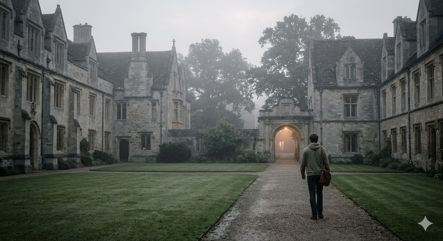 Historic British campus quad in morning mist